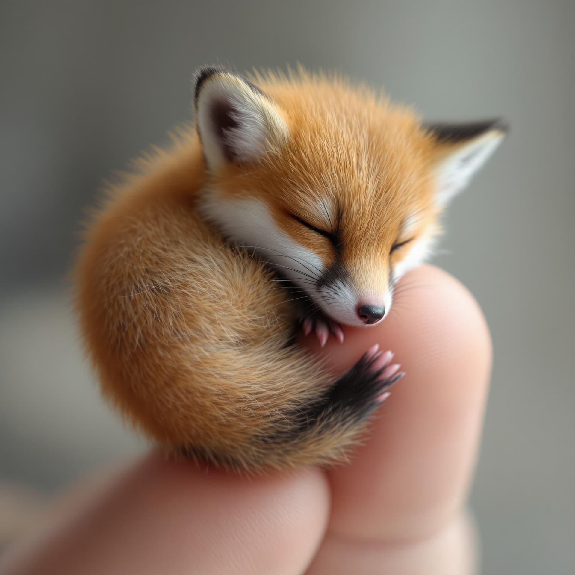 AI generated: A miniature fox, the size of a pea, curled up and peacefully sleeping on a human fingertip. Its soft...