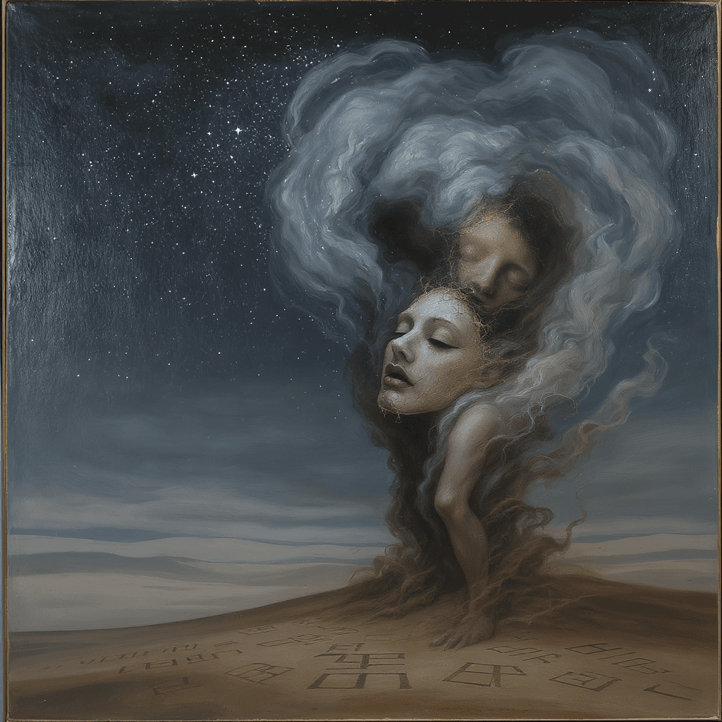 AI generated: A surreal oil painting of a human figure dissolving into smoke under a starless sky, half of their b...