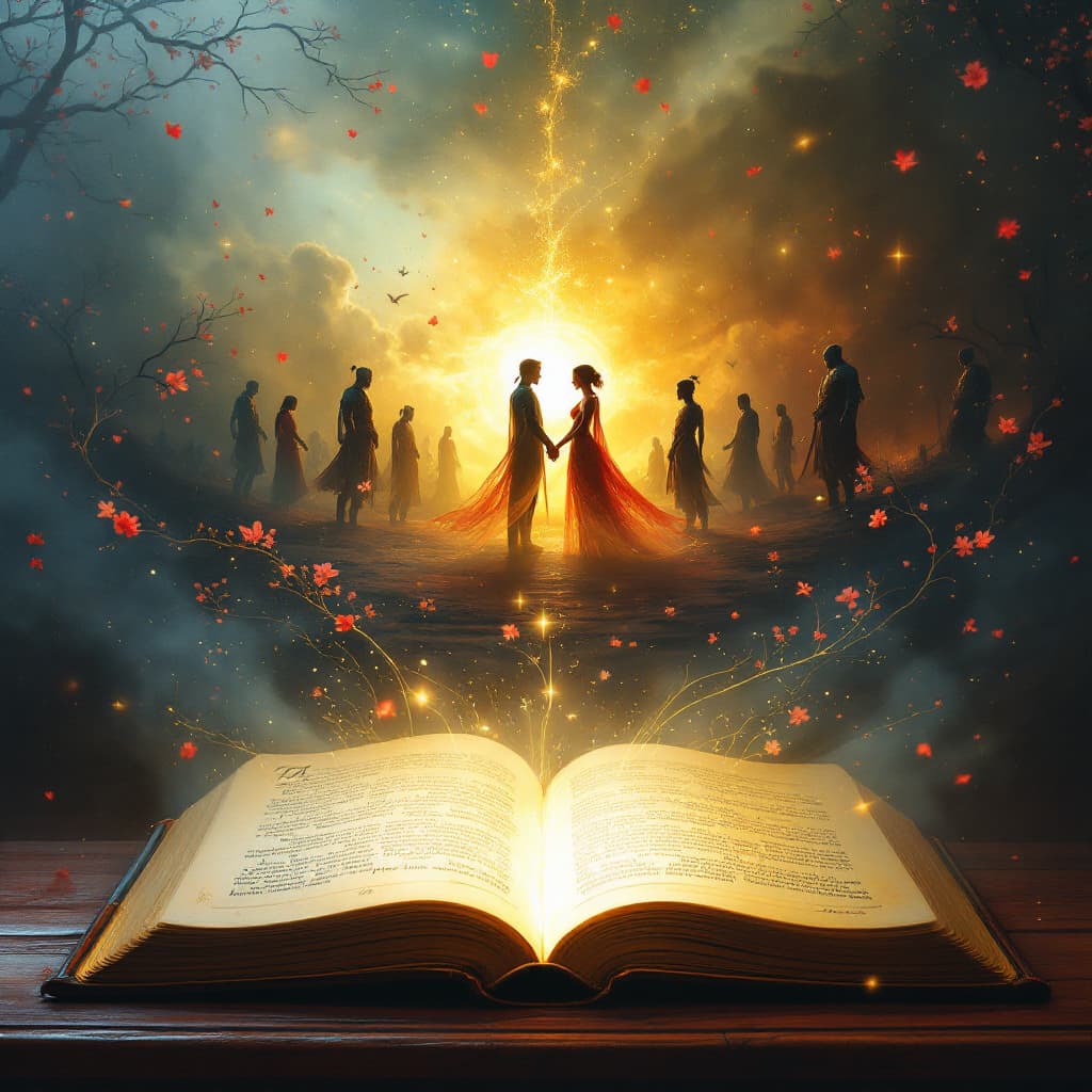 AI generated: A mystical, ancient book lies open on a grand wooden table, its pages glowing faintly with a soft, g...
