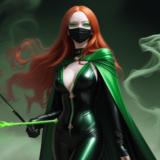 AI generated: we are seeing a female with long red hair, wearing a metallic green and black catsuit, green metalli...