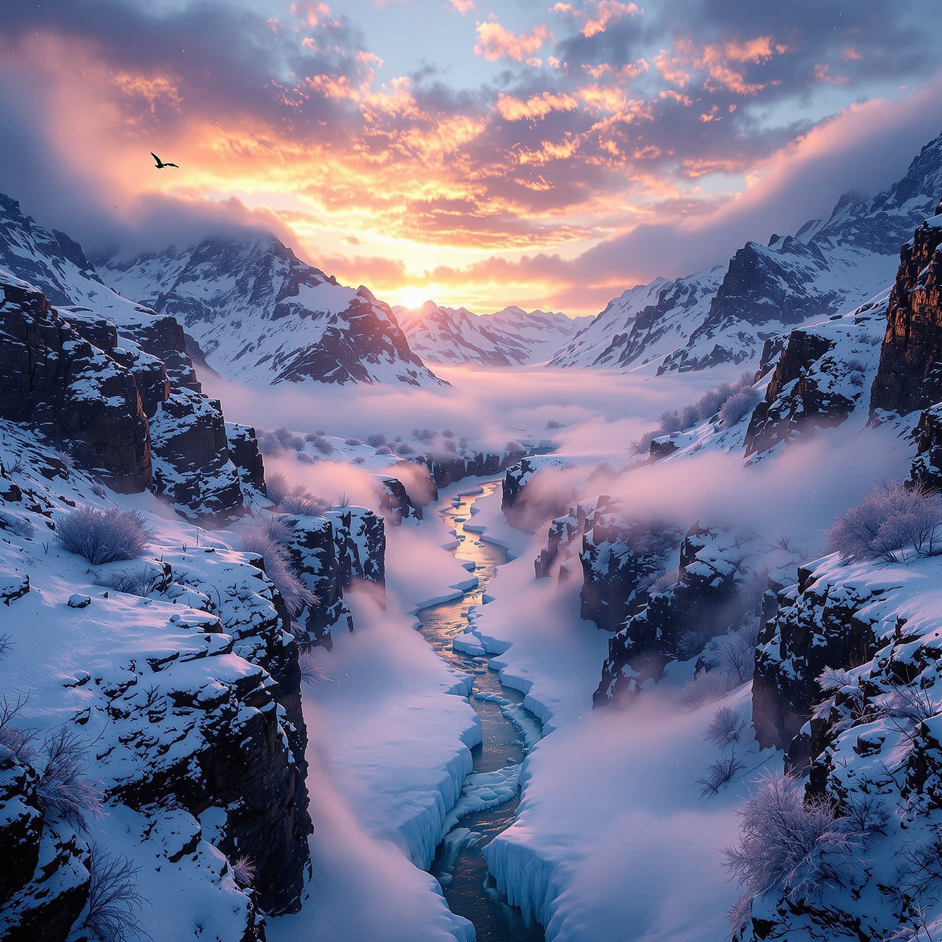 AI generated:  windy, snowy valley, with steep mountains around,  deeply detailed 4k, drone-like view from above i...