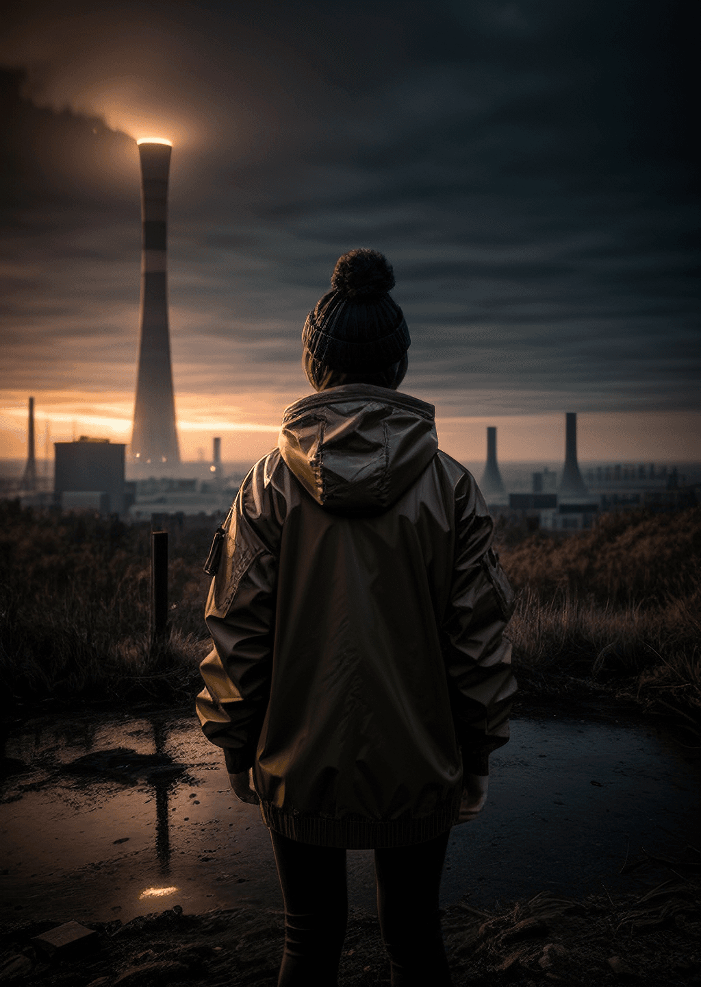 AI generated: Ruined city, nuclear power plant, (creepy atmosphere:1. 32), single_girl, standing with (her back to...