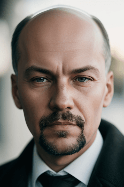 AI generated: professional portrait photograph of Vladimir Lenin in winter clothing with black hair, ((sultry flir...