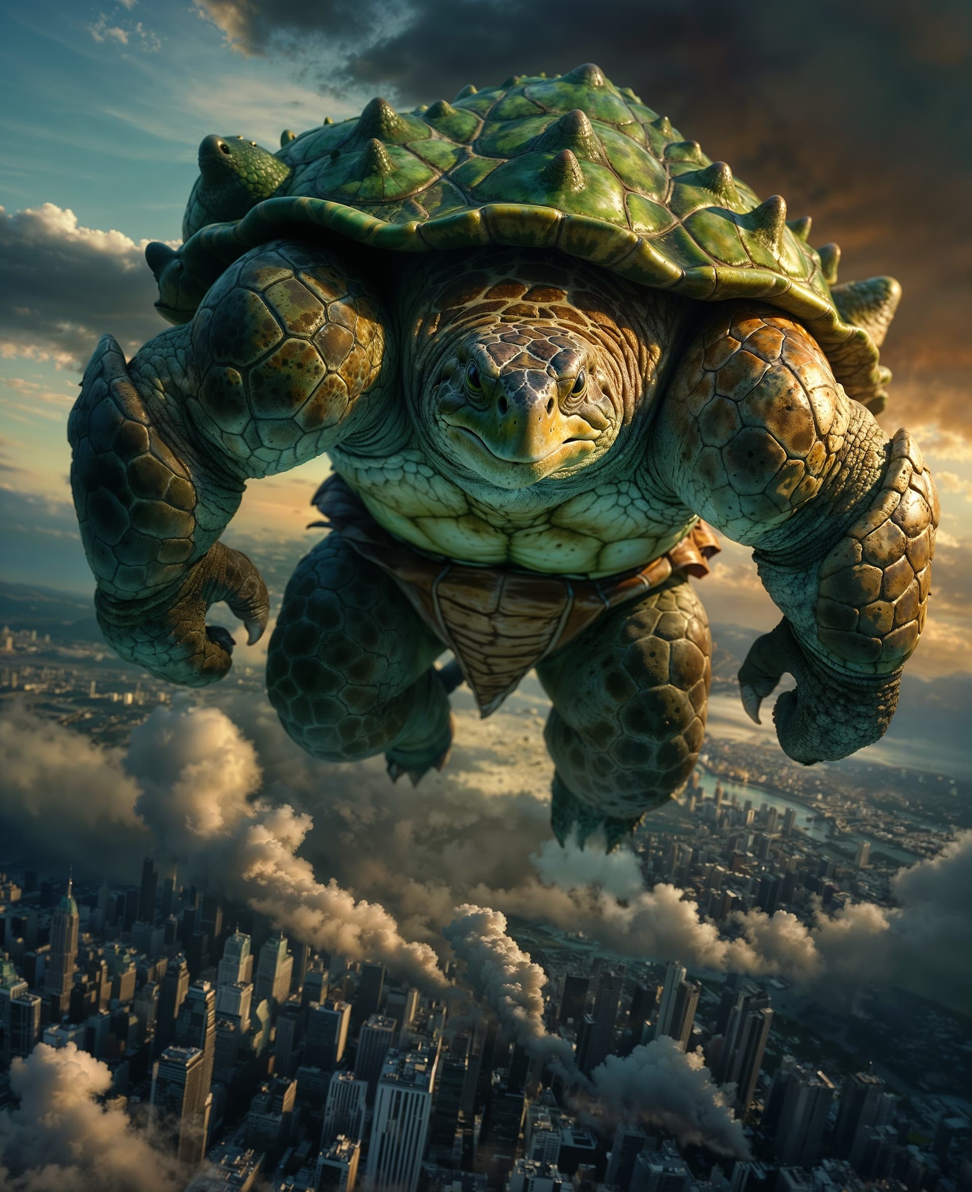 AI generated: A Full Body photo shot of an anthropomorphic massive majestic green and soft brown turtle floating a...