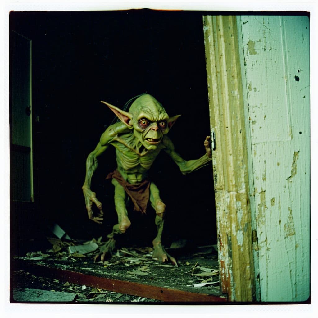 AI generated: grainy 80's photograph quality polaroid of a realistic goblin caught in an abandoned house, dark, un...