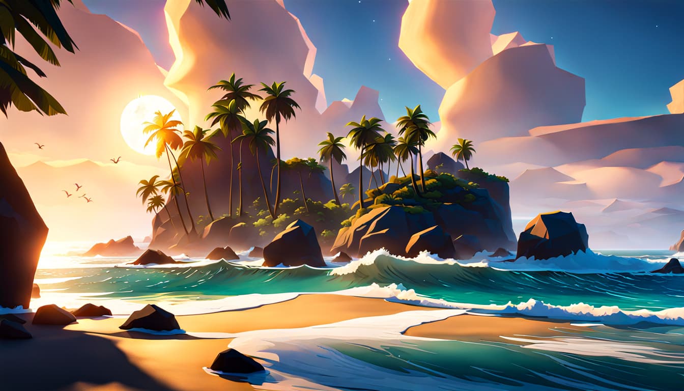 AI generated: extremely detailed CG unity 8k wallpaper, dazzling waves, huge low poly rocks, 4k, uhd, extremely de...