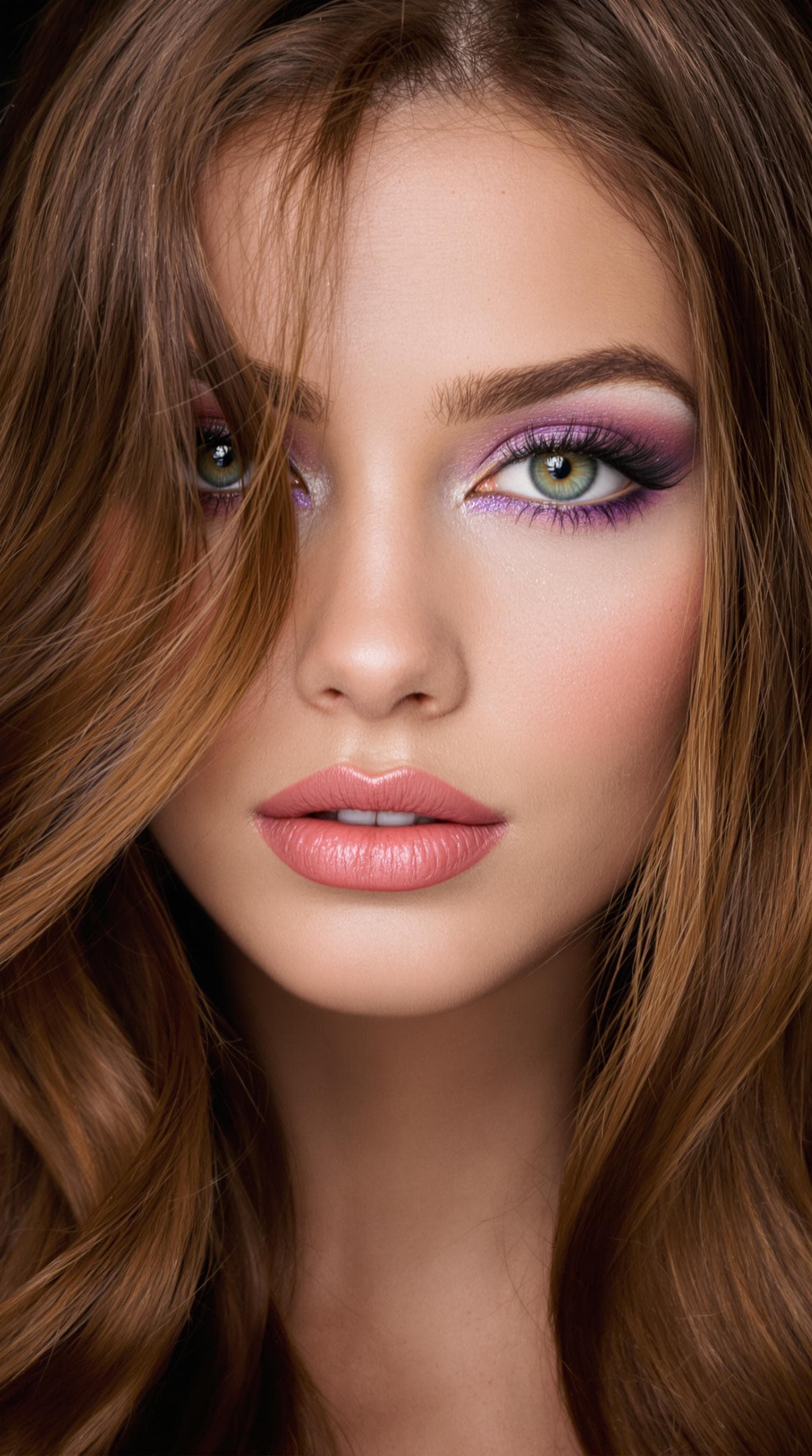 AI generated: "The image is a striking close-up portrait of a woman with lustrous, chestnut brown hair cascading l...