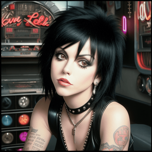 AI generated: add_detail, masterpiece,Joan Jett loves Rock 'n Roll so she put another dime in the jukebox,