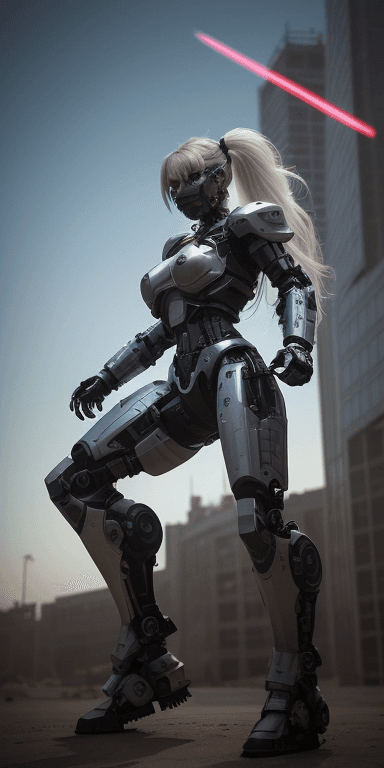 AI generated: urbanpunk, low angle shot, a pretty cyborg ninja with multicolor notched light cyberpunk armor, pret...