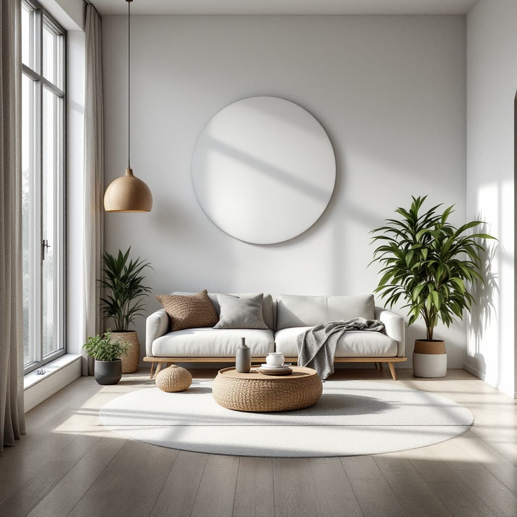 AI generated: minimal livingroom with big planet, morning light and shadow