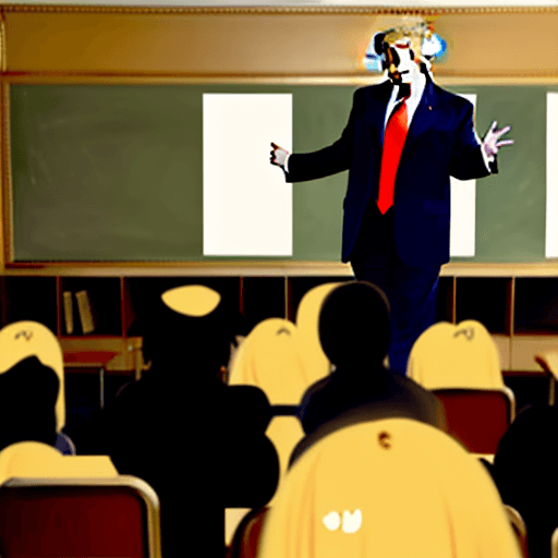 AI generated: Donald Trump teaching global humanities to a classroom of schoolchildren, in the style of edvard mun...