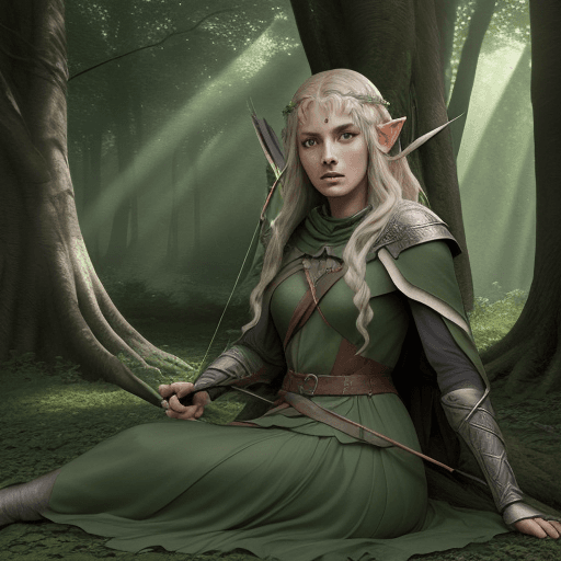 AI generated: female lord of the rings warrior elf sitting under a tree in Lothlórien, watching and expecting an i...
