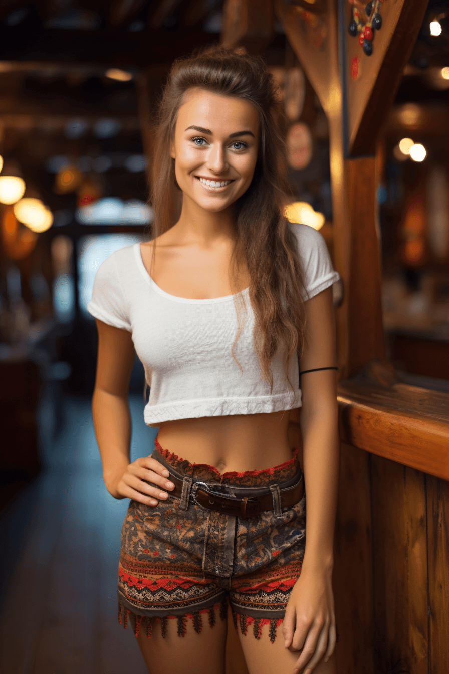 AI generated: close up young happy Estonian woman woman with short pants and beautiful skin. Award winning image -...