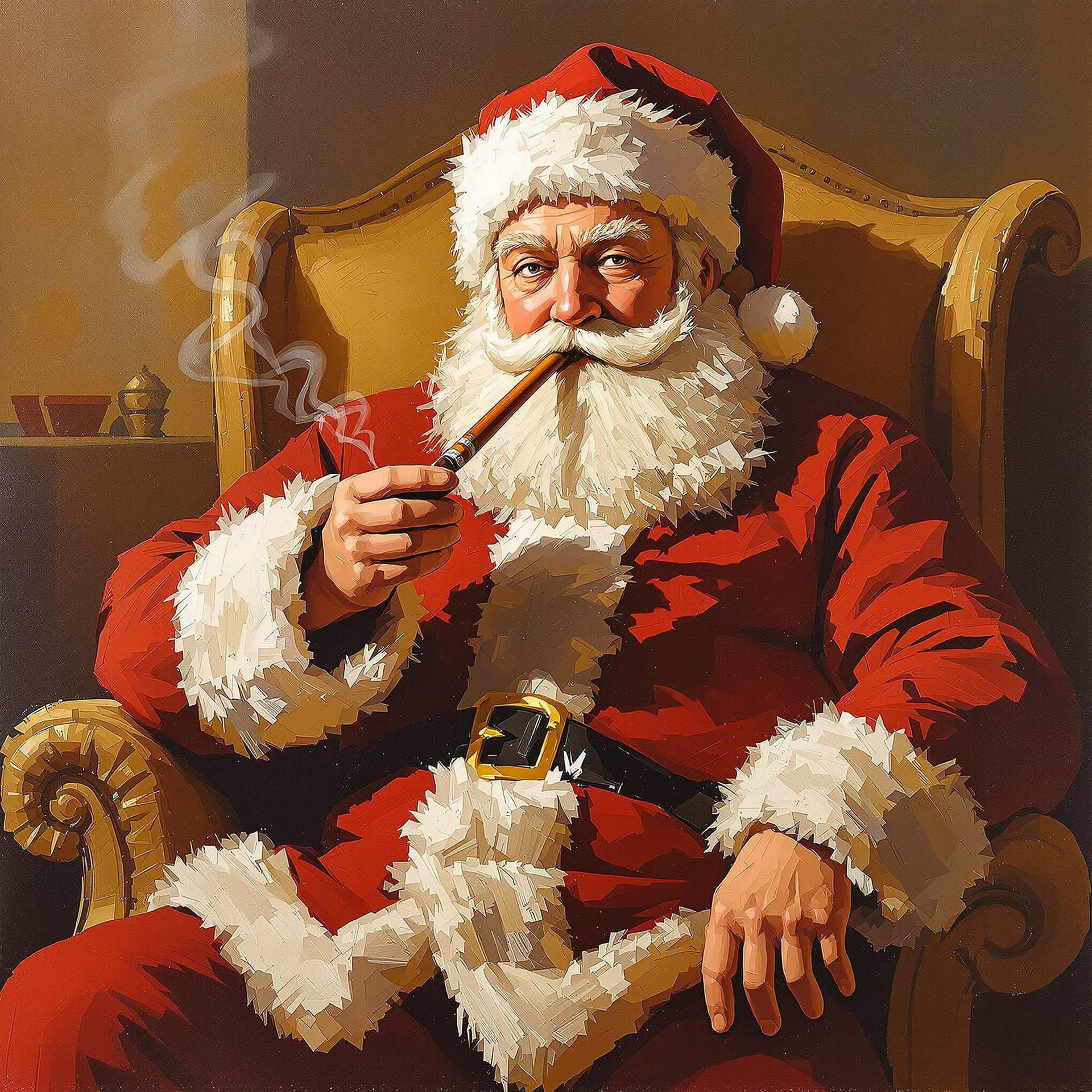 AI generated: impressionist painting on canvas of In a few spatula strokes, the human figure of Santa Claus is pai...