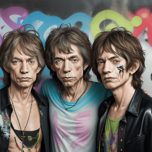 AI generated: High resolution photography portrait of the 4 Rolling Stones musicians, splashes of watercolor throu...
