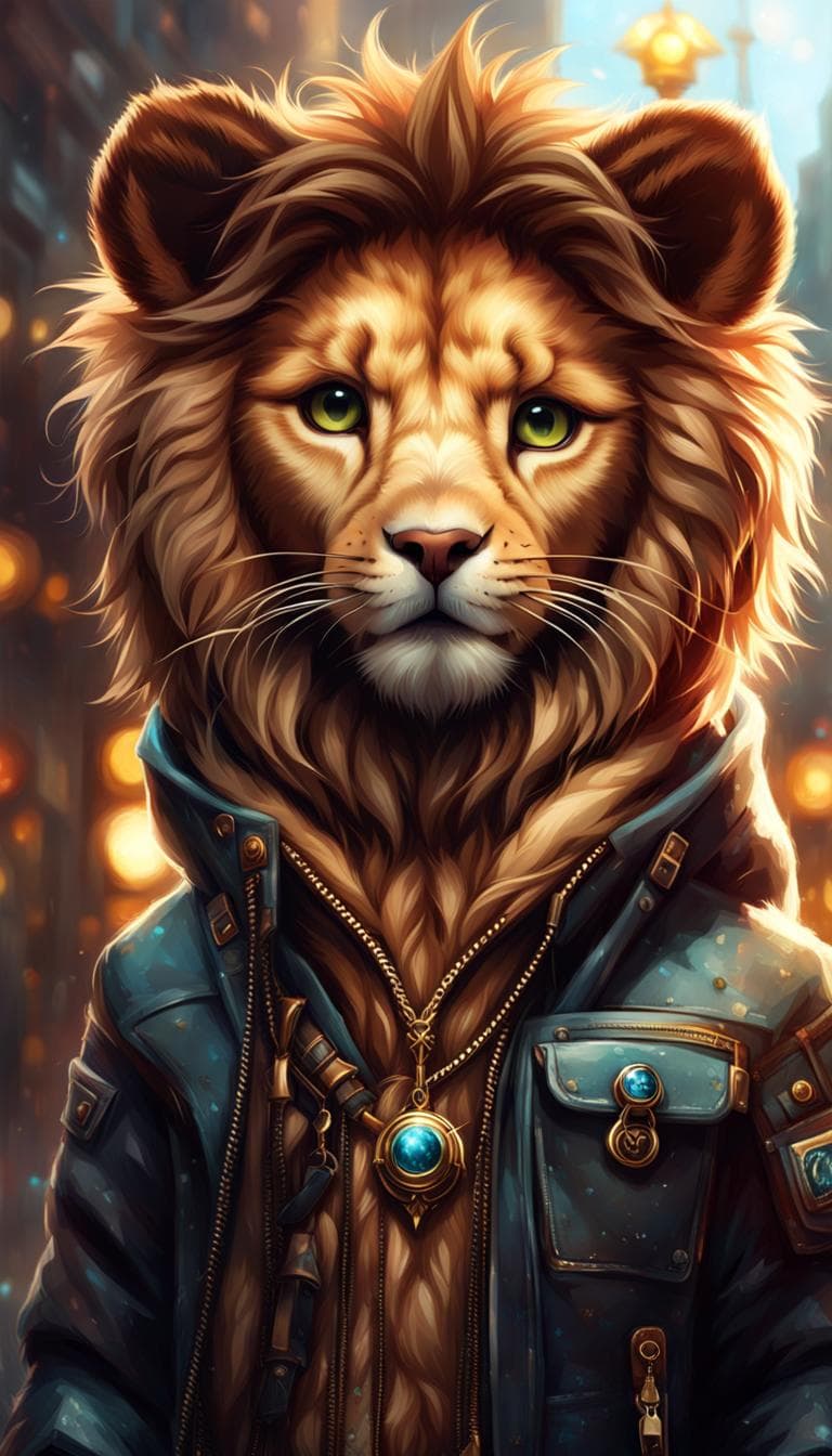 AI generated: portrait chibi adorable anthropomorphic furry lion wearing street clothes : "smooth soft fluffy fur"...