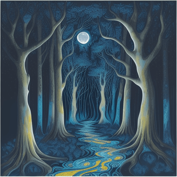 AI generated: By Rebecca Vincent, Megan Duncanson, full moon behind arabesque forest trees, a narrow pathway glowi...