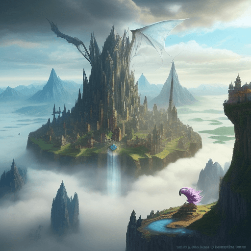 AI generated: Depict a fantasy world with unique creatures and landscapes, like ‘a city in the clouds with dragon ...