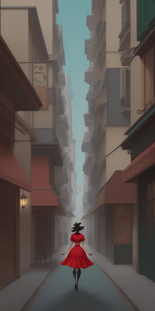 AI generated: an illustration of a girl walking down a street, in the style of disney animation, pre-world war ii ...