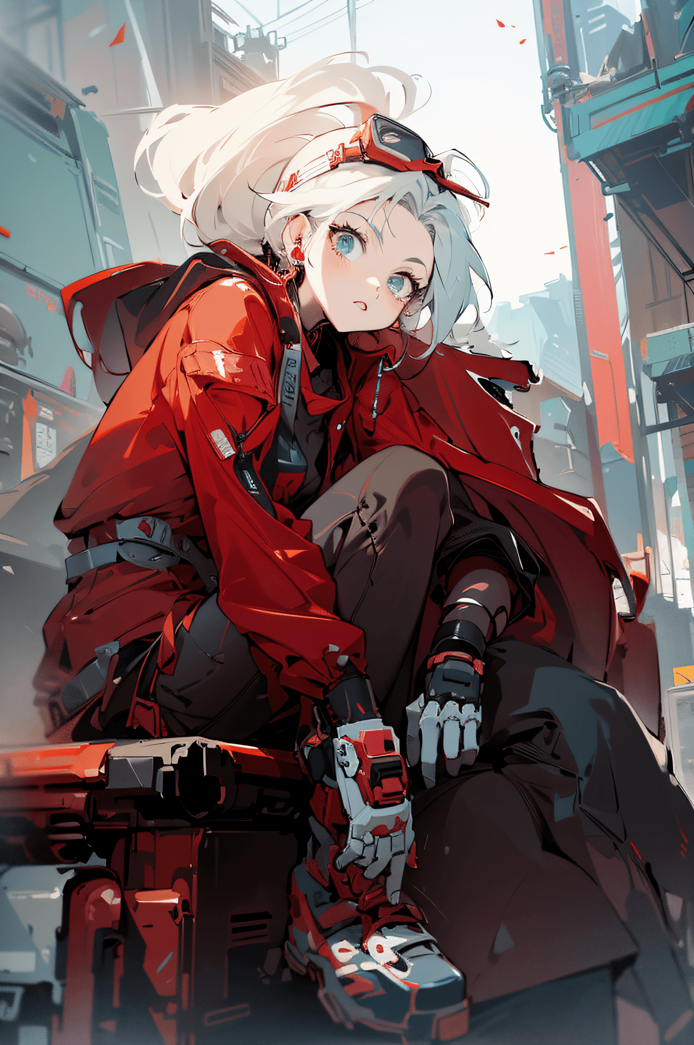 AI generated: a woman in a red jacket and white hat sitting on a rail, anime mecha aesthetic, anime style 4 k, mec...