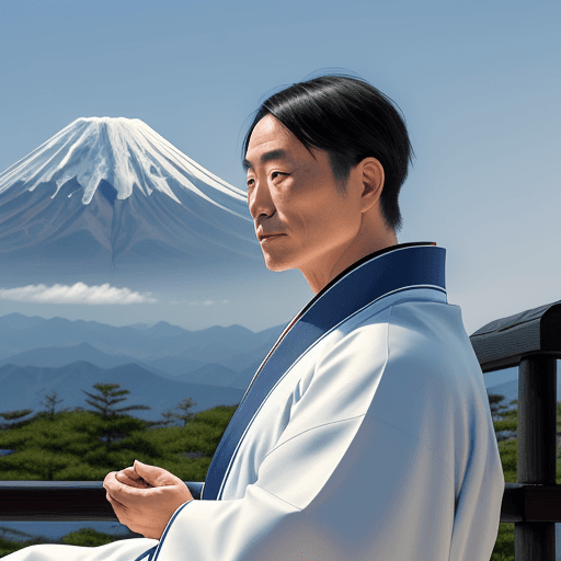AI generated: Portrait of a Japanese man in kimono against the background of Mount Fuji in Japan. A man in a white...