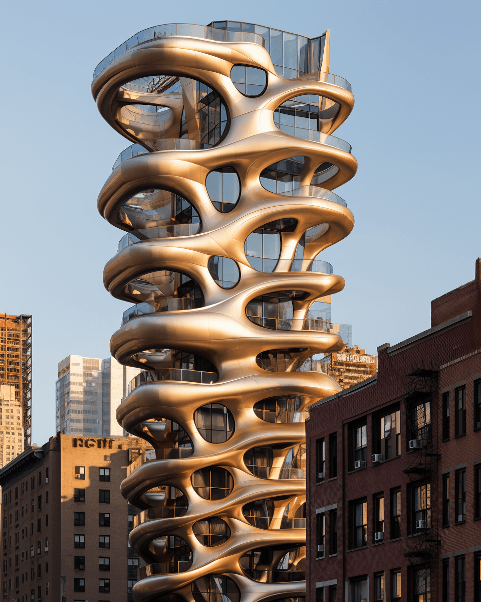 AI generated: a tall metal building with large windows, in the style of witty and clever cartoons, telephoto lens,...