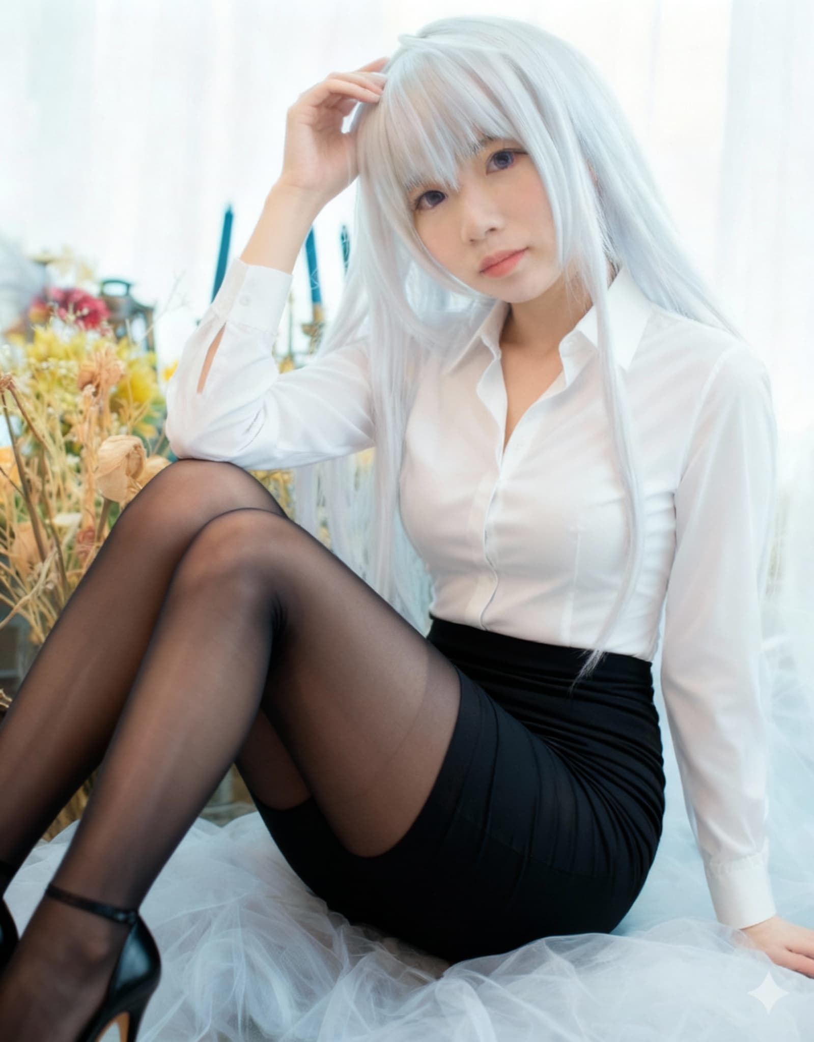 AI generated: a woman wearing professional OL office lady style, white blouse, tight black pencil skirt, sheer bla...