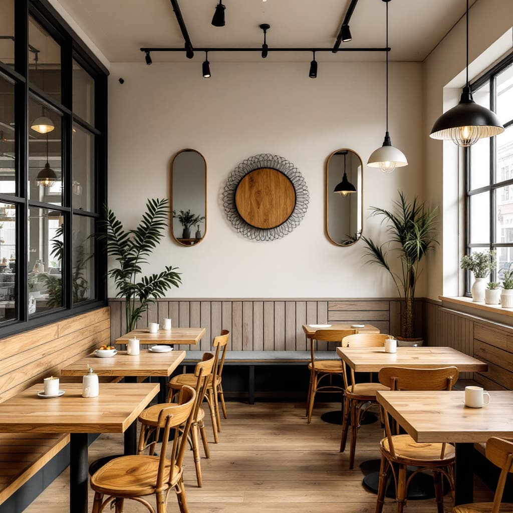 AI generated: The inside image of a small one floor restaurant that serves comfort food. Use wooden tables and woo...