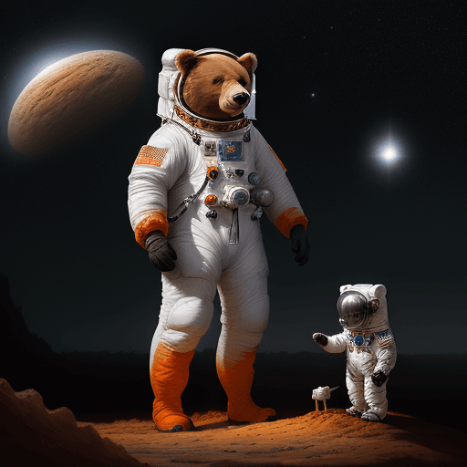 AI generated: a bear is in space suit, standing in the dirt, in the style of fantasy art, dark white and dark oran...