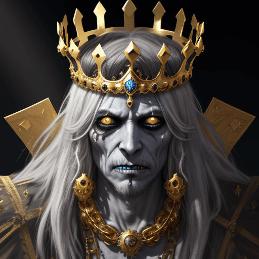 AI generated: Undead king with golden crown and necklaces, golden sunrays headdress, dead white eyes, dead dry ski...
