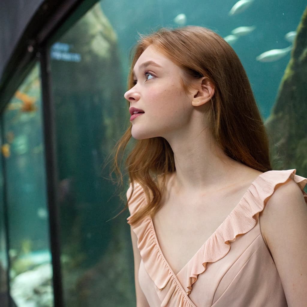 AI generated: A young, light-skinned woman, likely in her late teens or early twenties, is depicted close to a gla...