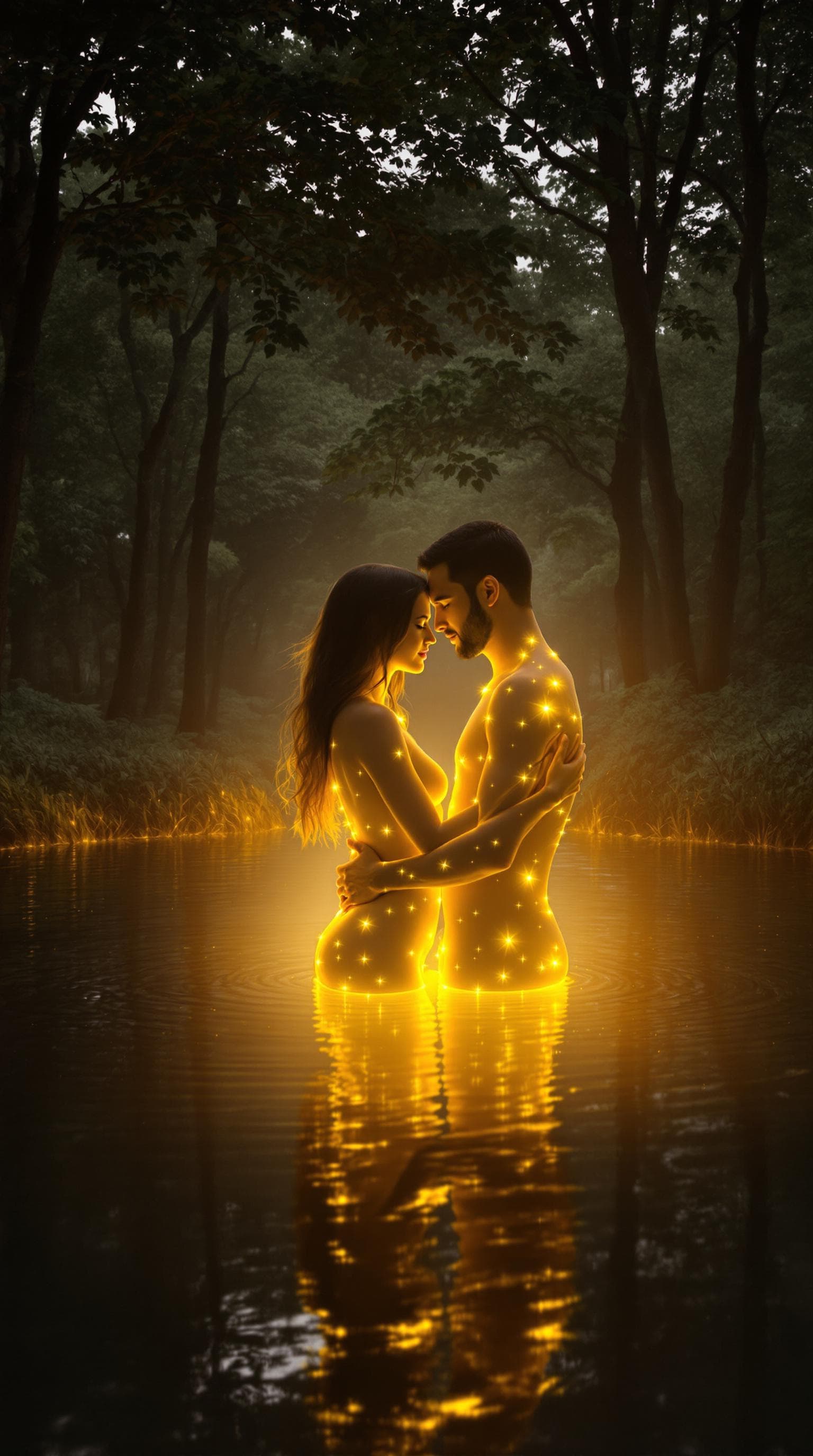 AI generated: Couple embracing in a glowing, ethereal forest pool.  Two figures, a woman and man, mid-20s, appear ...
