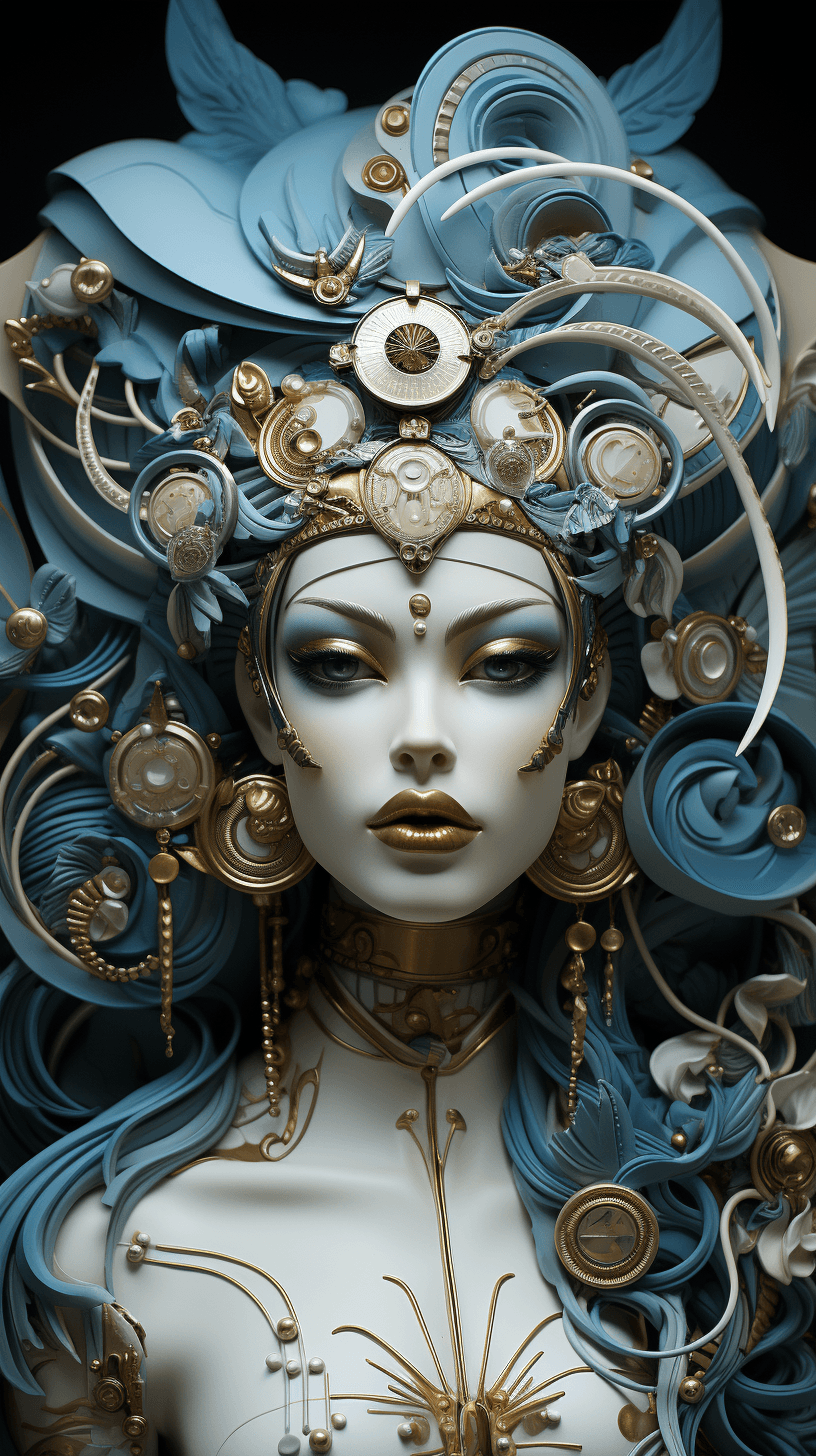 AI generated: a collage of 3 woman's face with sculpted heads, in the style of zhang jingna, intricate steampunk, ...
