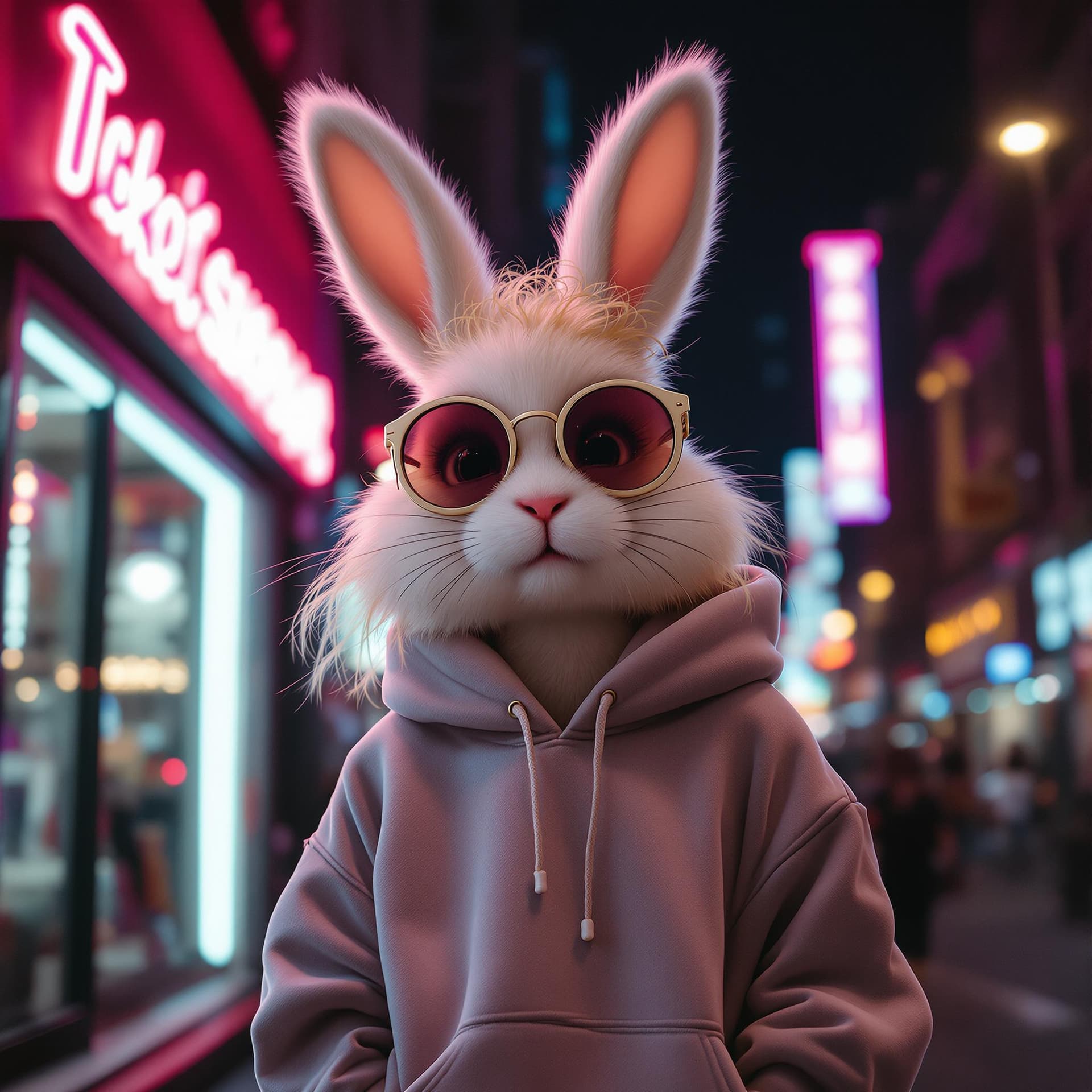 AI generated: "A fluffy white bunny girl with curly blonde hair, wearing big round sunglasses and a sweatshirt. Th...