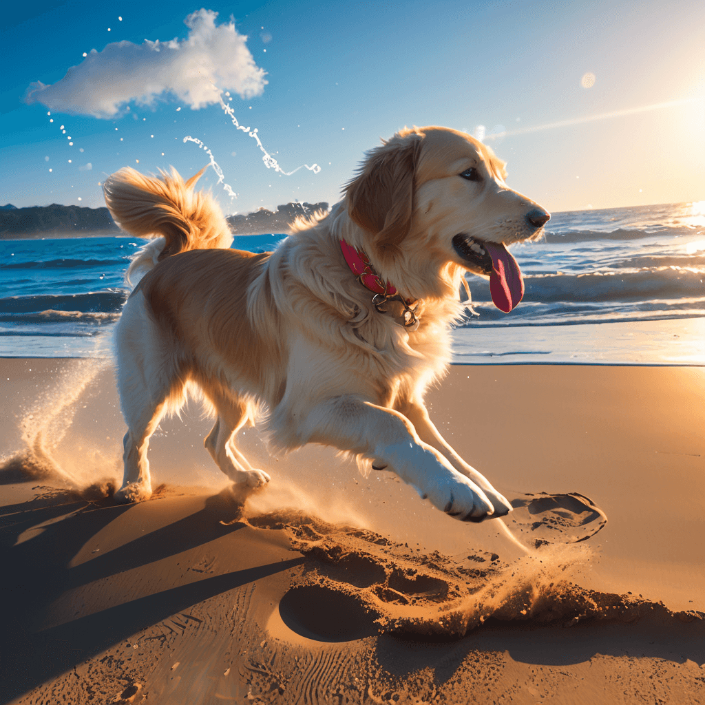 AI generated: A playful golden retriever| in full sprint across a (sunny beach:1.2)| its coat shimmering in the su...