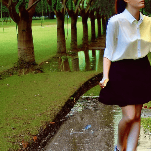 AI generated: a skinny girl wearing a wet white silk blouse under the rain in a park
