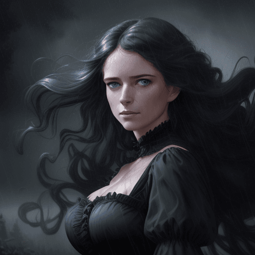 AI generated: A woman in a black Victorian dress with wind-blown hair appears through the rain in an unbelievable ...