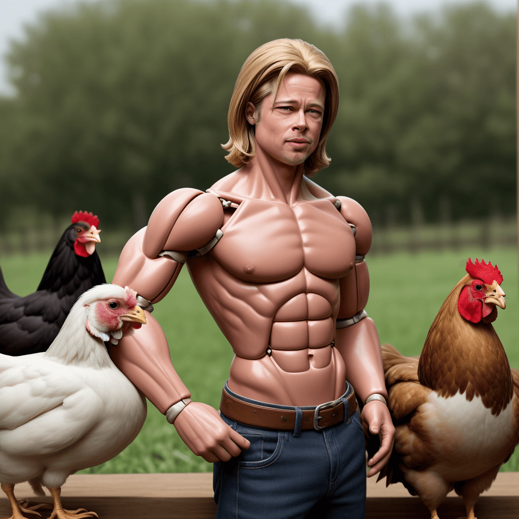 AI generated: Brad Pitt BREAK Ken from toy, toy body joints,body plastic as Brad manequin ,toy BREAK a chickens lo...