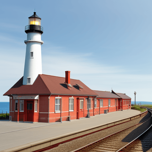 AI generated: Train, stopping at a station, which has a lighthouse-shaped control tower, a lighthouse for ships.