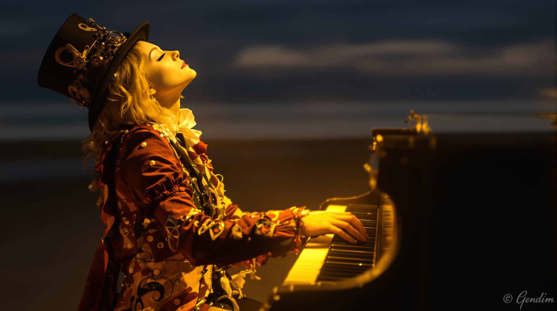 AI generated: Image is a dramatic, artistic photograph featuring a person playing a piano on a beach at dusk. The ...