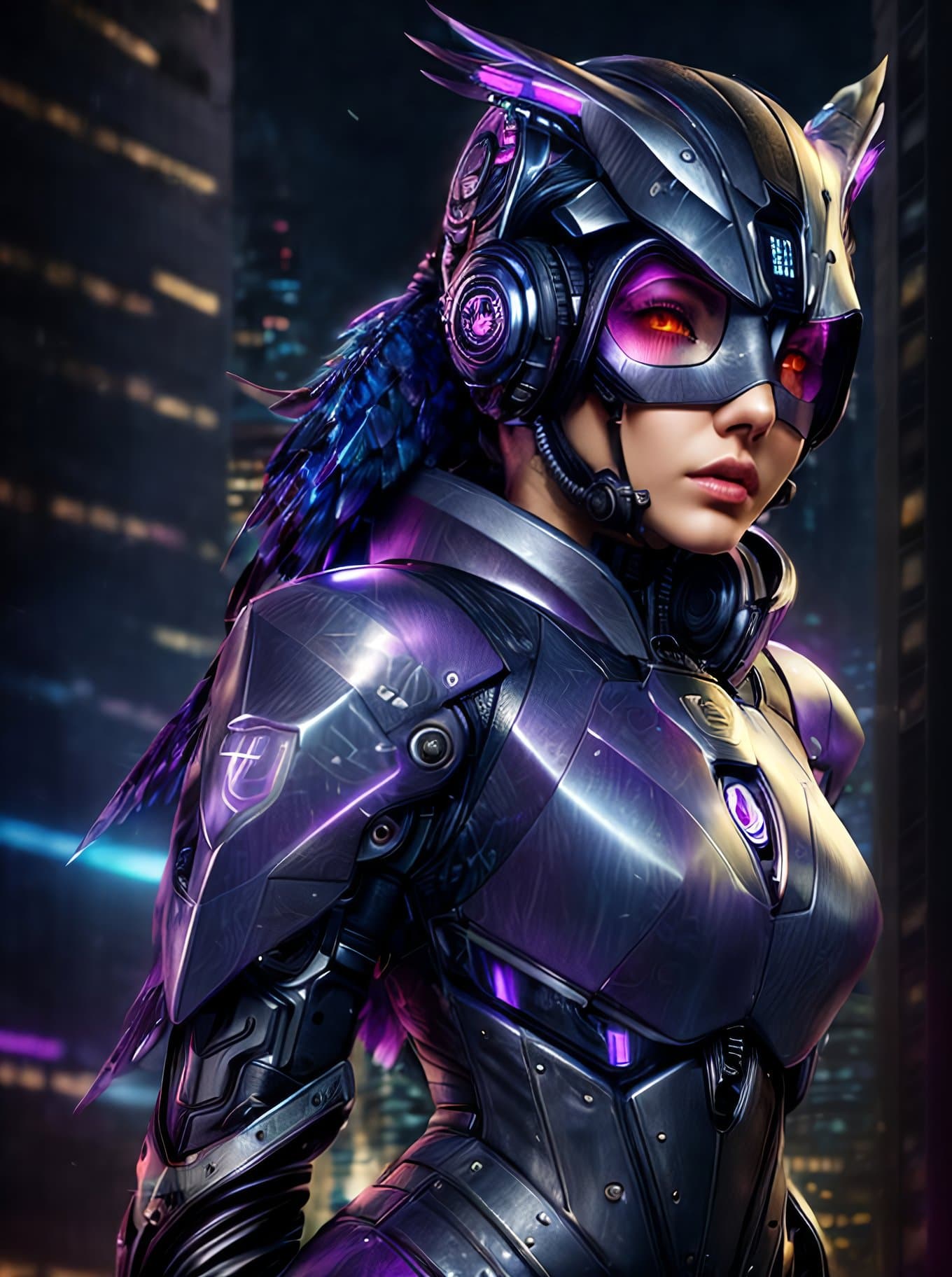 AI generated: Cybernetic owl person leaning against a building, nvinkpunk style, (owl head), large head, feathers,...