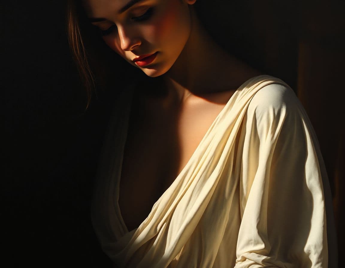 AI generated: diaphanous ivory robe slipping off one shoulder::1. 4 dramatic chiaroscuro with deep shadow envelopi...