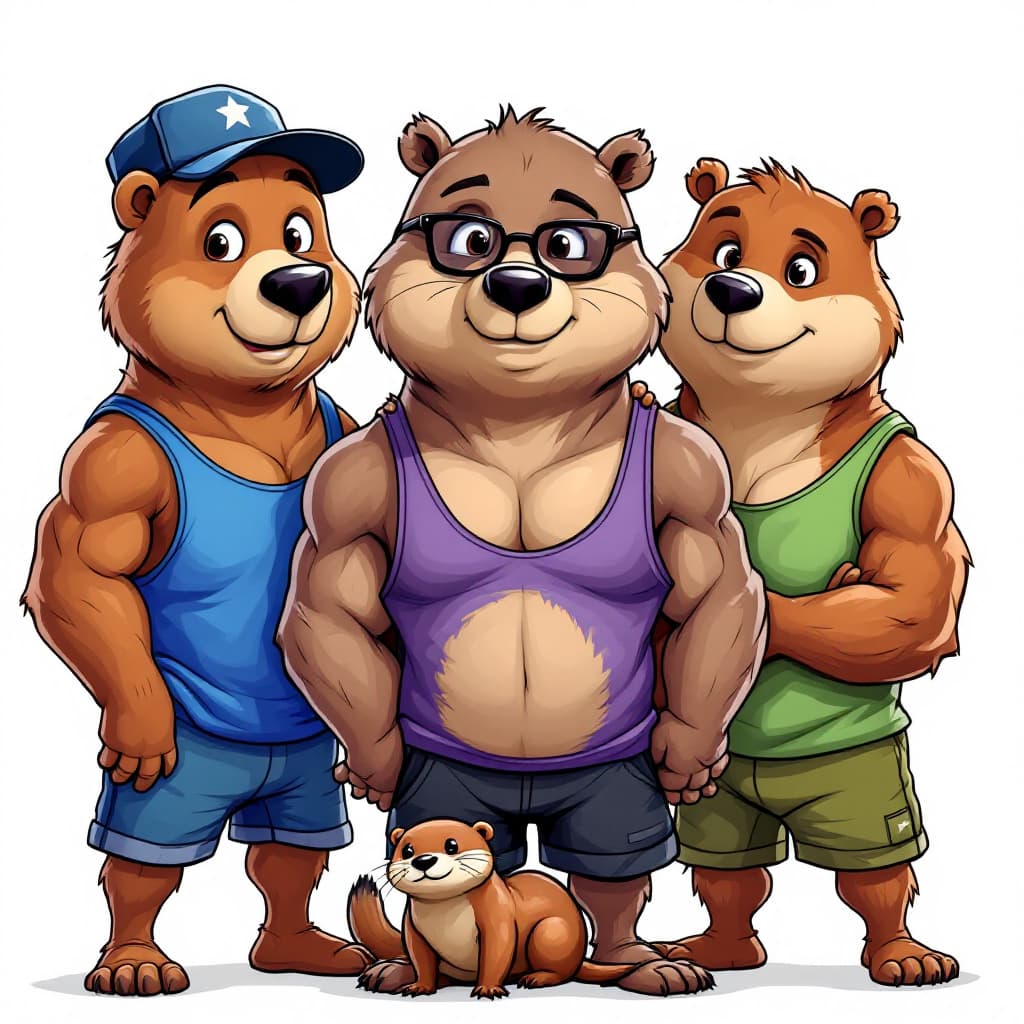 AI generated: Cute Cartoon. Full body shot. White background. 2 male muscle bears and 1 country otter, middle bear...