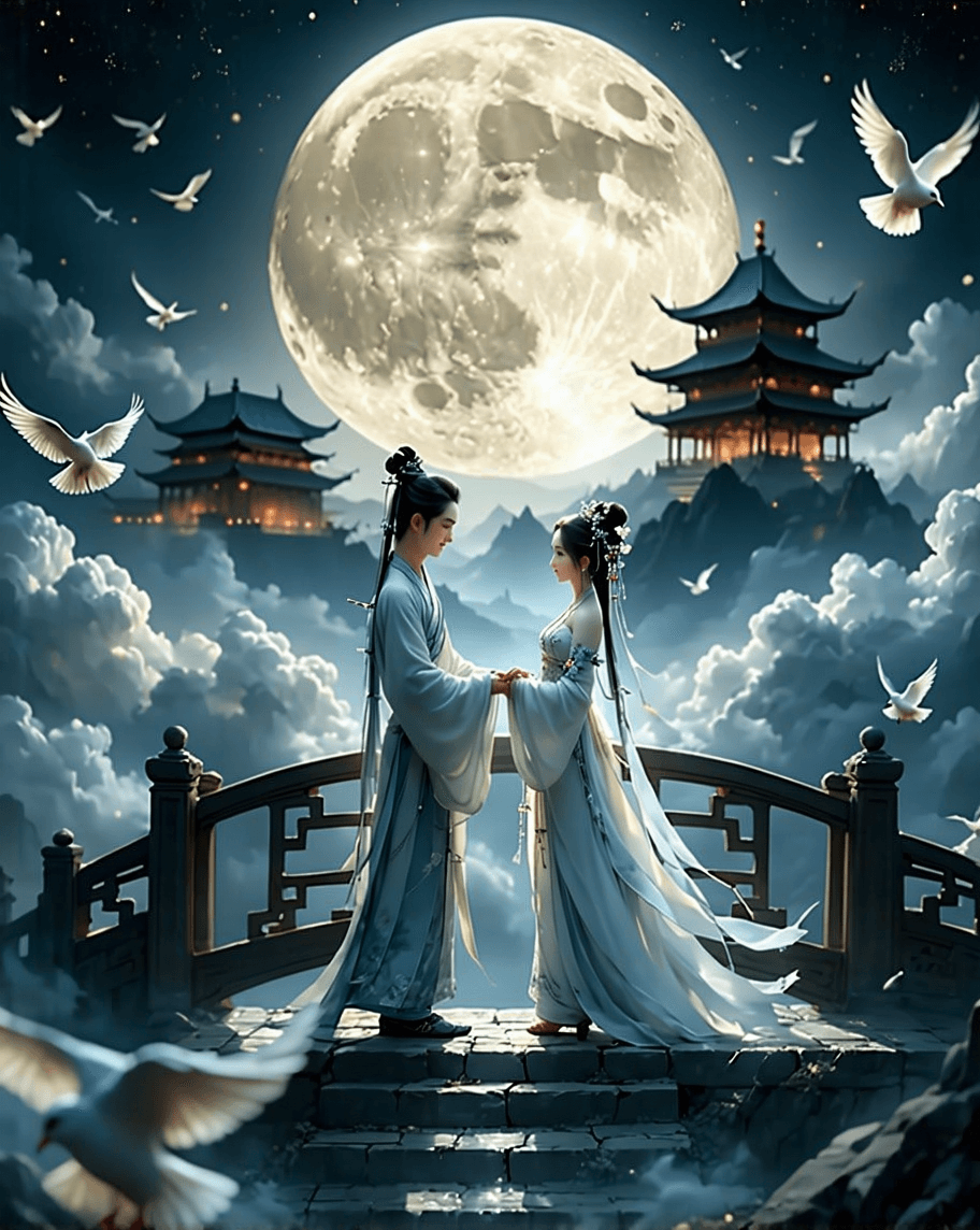 AI generated: At night, the round moon hangs in the sky. In Chinese mythology, the Cowherd and Weaver Girl, a boy ...