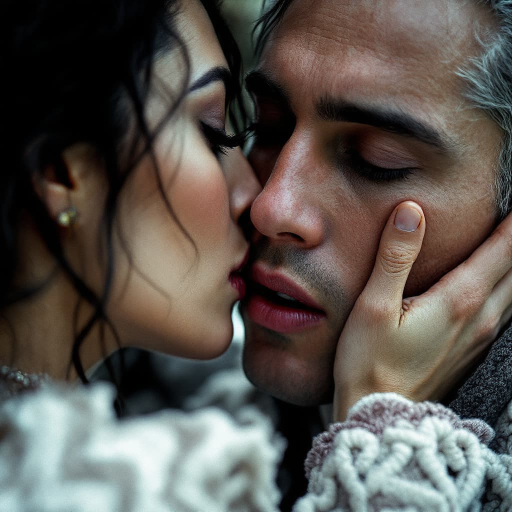 AI generated: Monica Bellucci kissing a Robert Pattisson pov: face to camera. Portrait. Leica. Papparazi style.