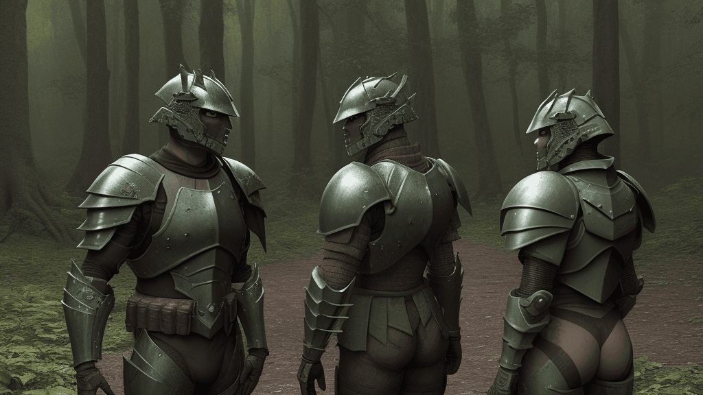 AI generated: Armoured warriors discussing in a forest 