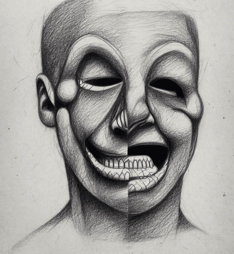 AI generated: [(whole human face with teeth):1], pencil drawing, trembling design, many cancellations, overhanging...