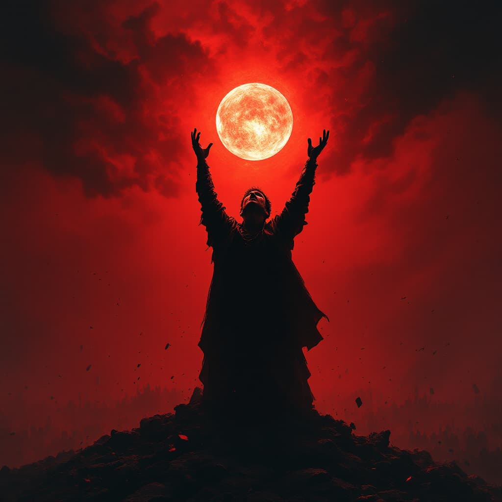 AI generated: a dramatic, emotional album cover showing a lone male figure standing under a blood-red sky, arms ra...