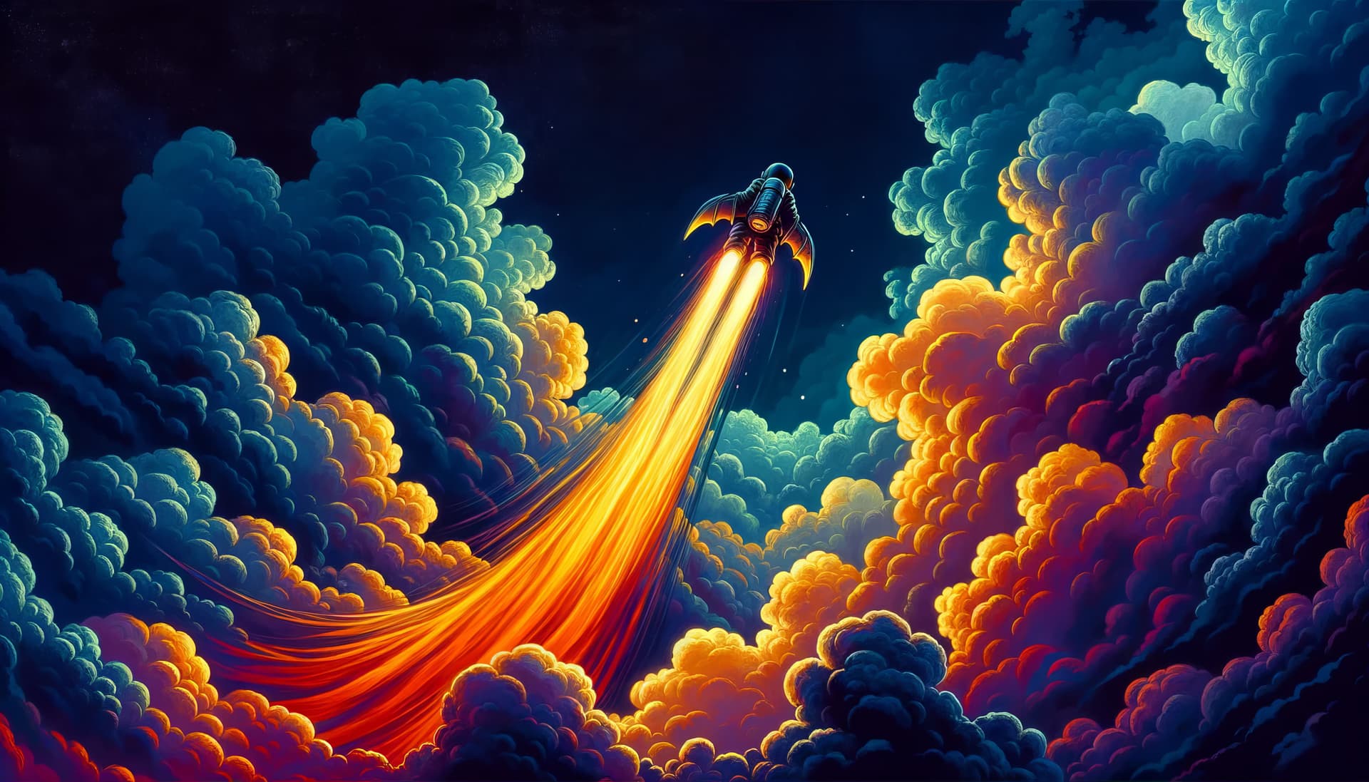 AI generated: Illustration of a surrealistic sky where a man in a spacesuit, seen from behind, soars amidst giant ...