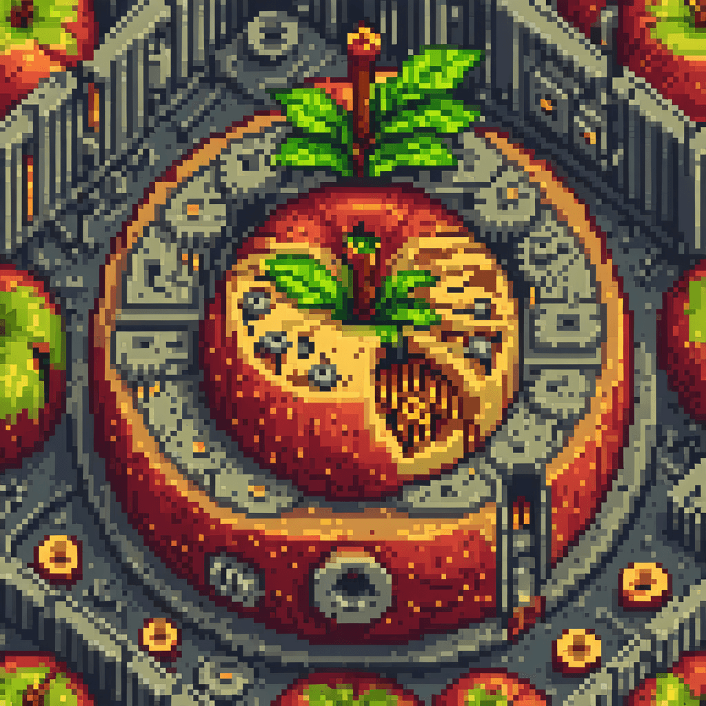 AI generated: 16 bit pixel art, Isometric clean pixel art image cutaway of mechanical inside of apple, hdr, SAI Pi...